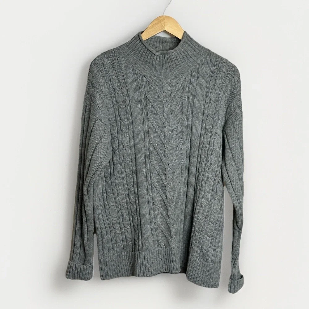 J. Crew Womens XL Gray Cable Knit Sweater Mock Neck Long Sleeve Cotton Pullover - Picture 1 of 7